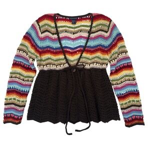 Womens Babydoll Crochet Knit Cardigan LRG Multi Color Tie Front 90s Vtg Boho